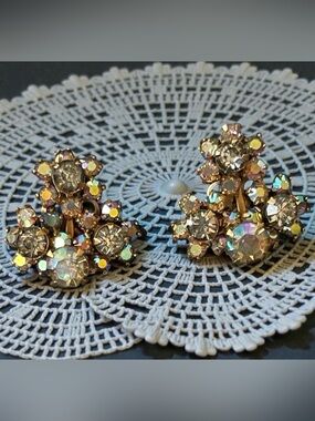Signed Kramer Aurora Borealis Crystal Cluster Clip-On Earrings